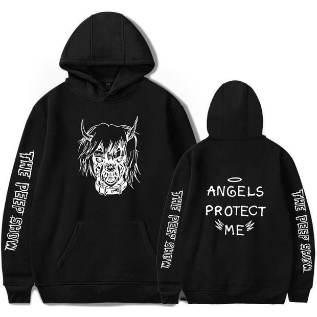 A black hoodie adorned with the text "angels protect me," showcasing a stylish and meaningful design.
