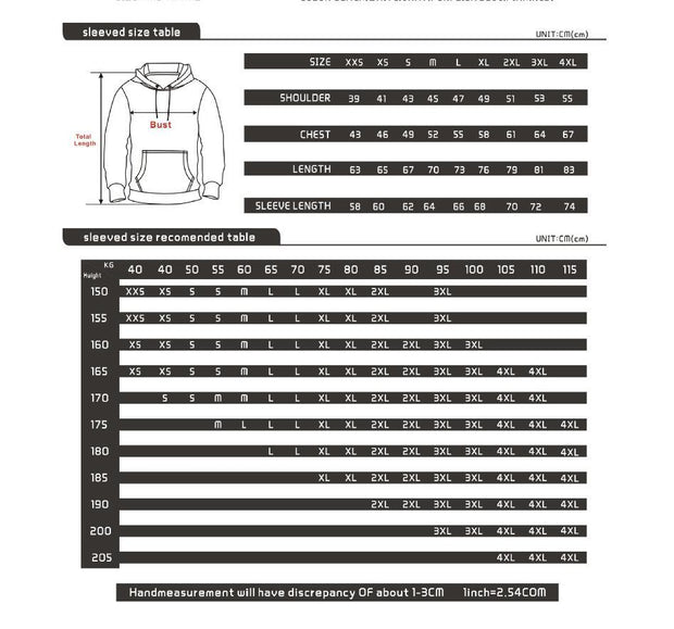 description and size chart of hoodies