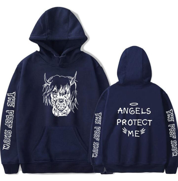 A blue hoodie adorned with the text "angels protect me," showcasing a stylish and meaningful design.
