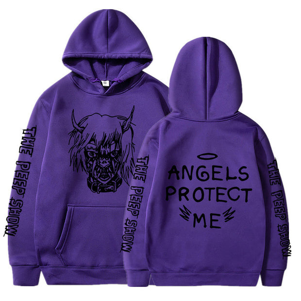 A purple hoodie adorned with the text "angels protect me," showcasing a stylish and meaningful design.
